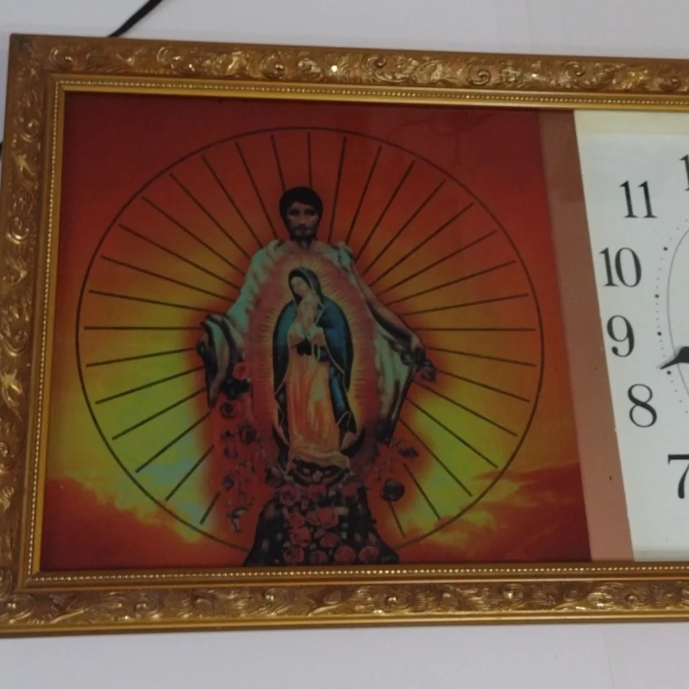 Saint Diego & Virgen Of Guadalupe Vintage Ativa Gold Framed Spiritual Wall Clock